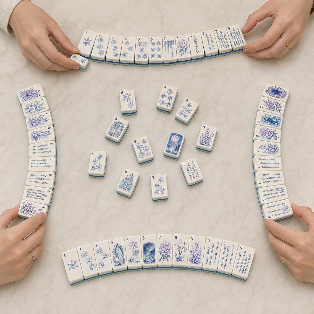 Snow Magic Winter Mahjong Set, American Style Ice Crystal Tiles, Frozen Aurora Geode Rose Castle Art, Holiday Game Night
