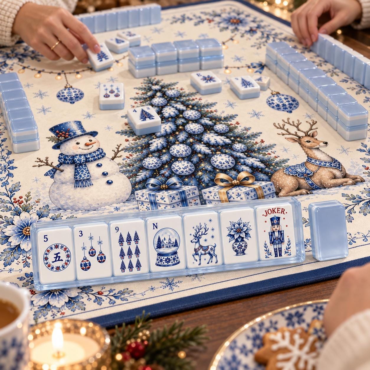 Blue White Christmas American Mahjong Set, Porcelain Style Acrylic 160 Tile Set, Winter Wonderland Mahjong Gift for Play
