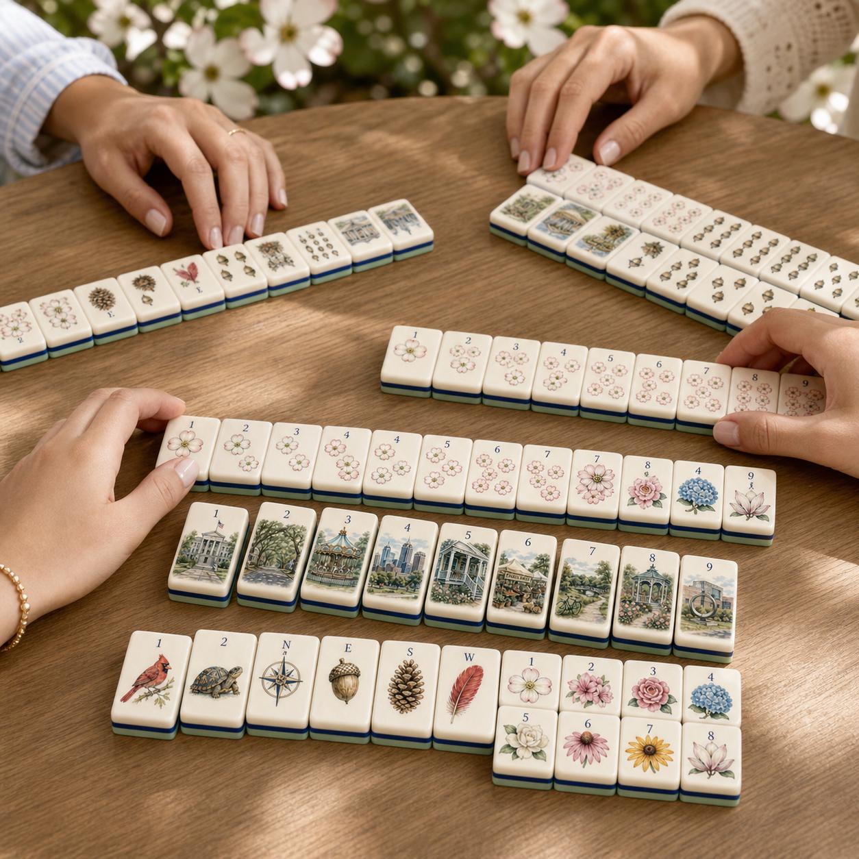 Raleigh Dogwood Garden American Mahjong Tiles, Travel Mahjong Set 1.2x0.9 Inch, Mint Green Back, Cardinal Oak Acorn Flor
