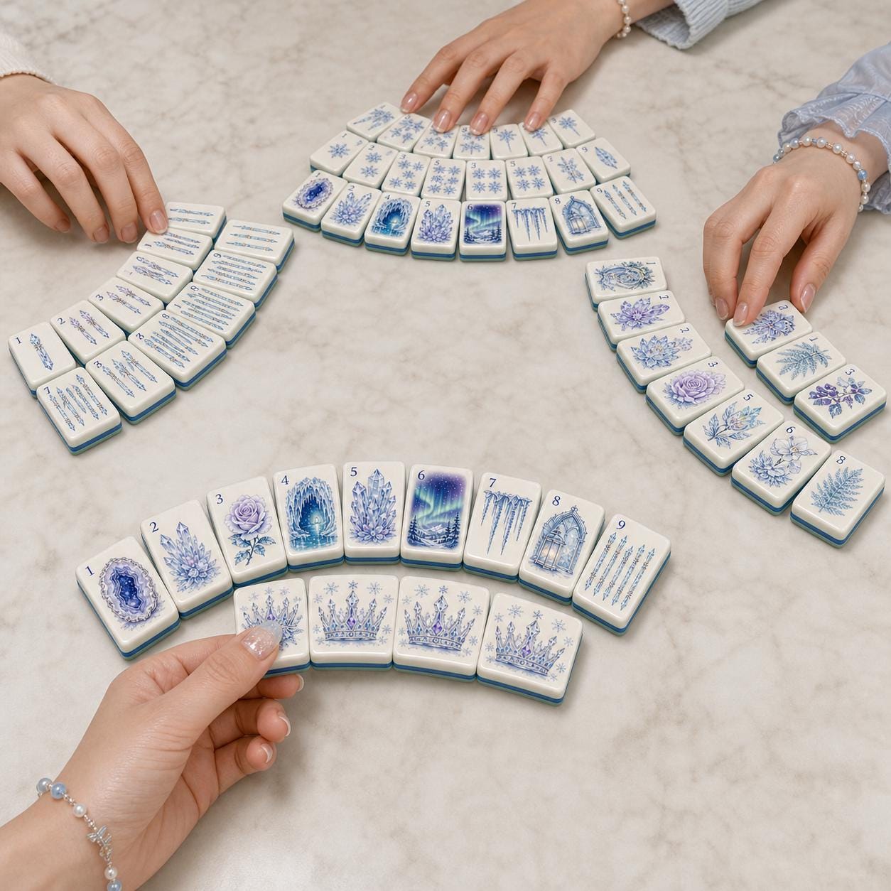 Snow Magic Winter Mahjong Set, American Style Ice Crystal Tiles, Frozen Aurora Geode Rose Castle Art, Holiday Game Night