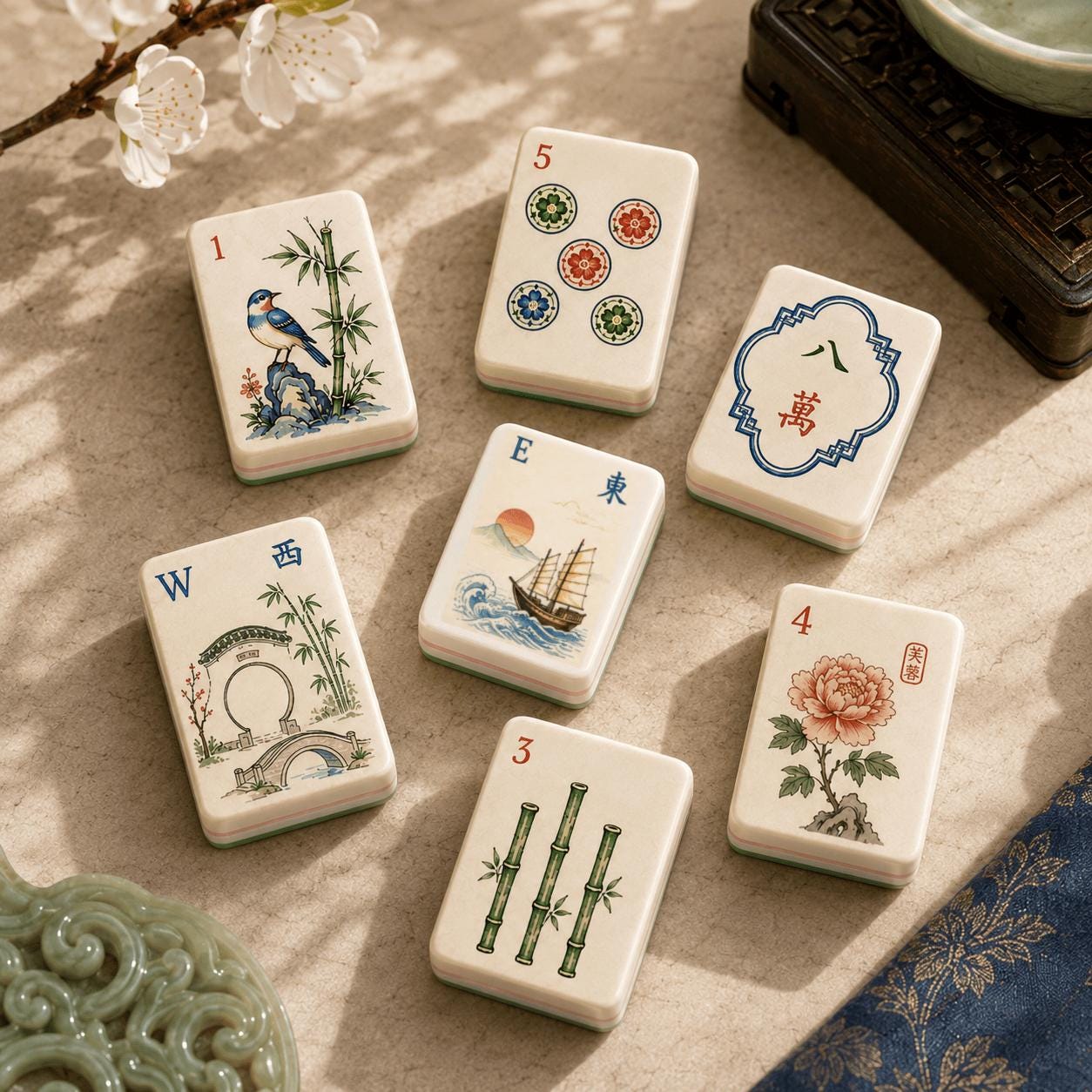 American Mahjong Set, 160 Acrylic Tiles, Retro Chinese Garden Art, Green Layered Edge, Mahjong Gift for Women and Game N