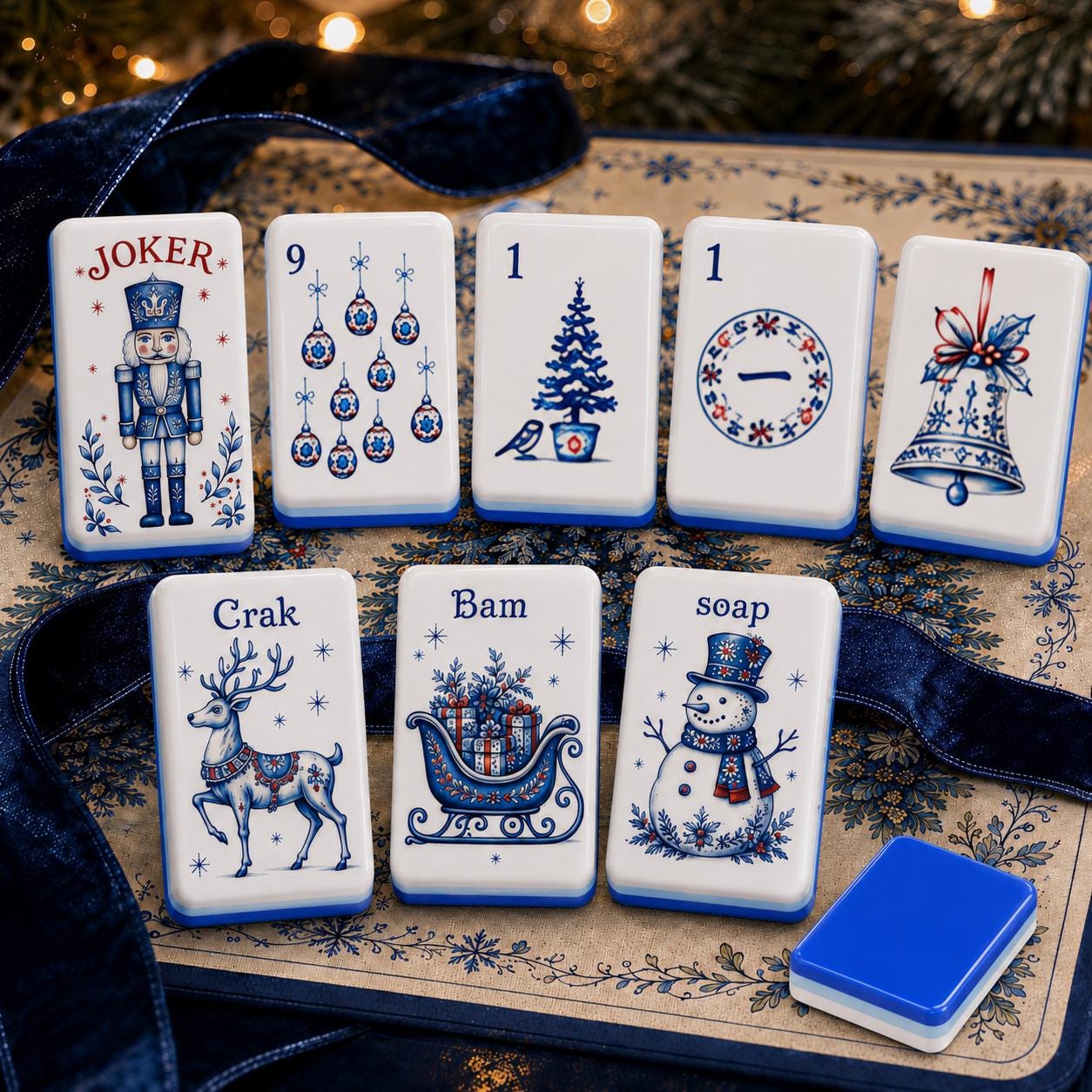 Blue White Christmas American Mahjong Set, Porcelain Style Acrylic 160 Tile Set, Winter Wonderland Mahjong Gift for Play