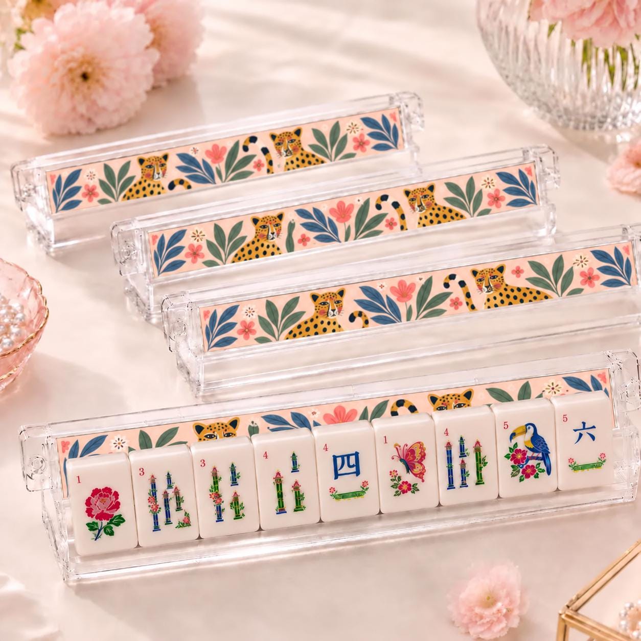 Leopard Mahjong Tiles Set, 4 Layer Acrylic Mahjong Tiles, Colorful Folk Art Jungle Mahjong Set, Pink Green Mahjong Tiles