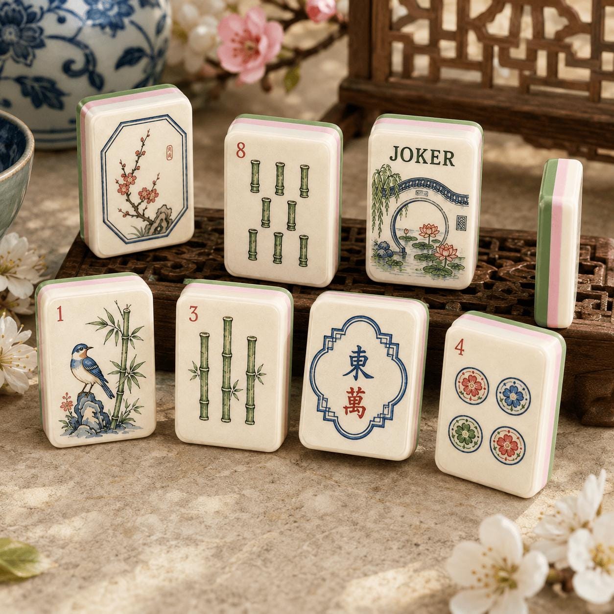 American Mahjong Set, 160 Acrylic Tiles, Retro Chinese Garden Art, Green Layered Edge, Mahjong Gift for Women and Game N