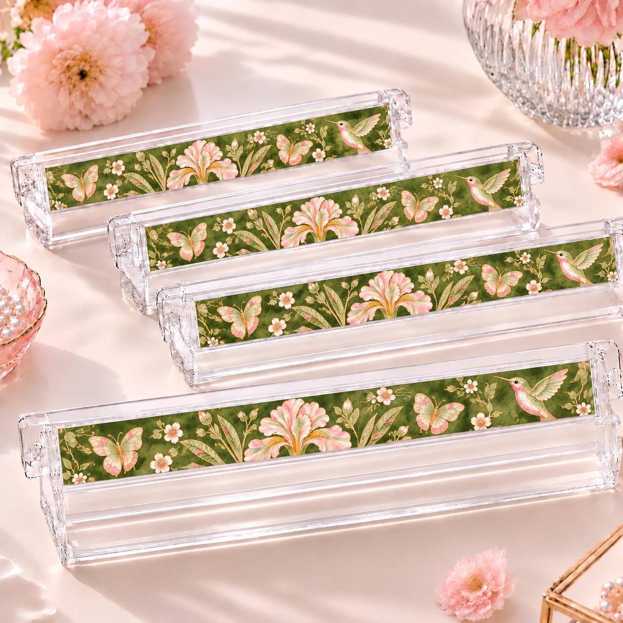 Green Floral Mahjong Tiles, Pink Green Iris Hummingbird Mahjong Set, 4-Layer Acrylic Mahjong Tiles, Mahjong Gift for Her