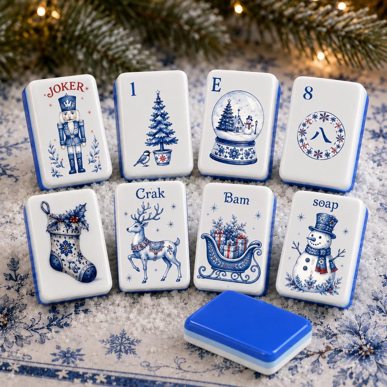 Blue White Christmas American Mahjong Set, Porcelain Style Acrylic 160 Tile Set, Winter Wonderland Mahjong Gift for Play
