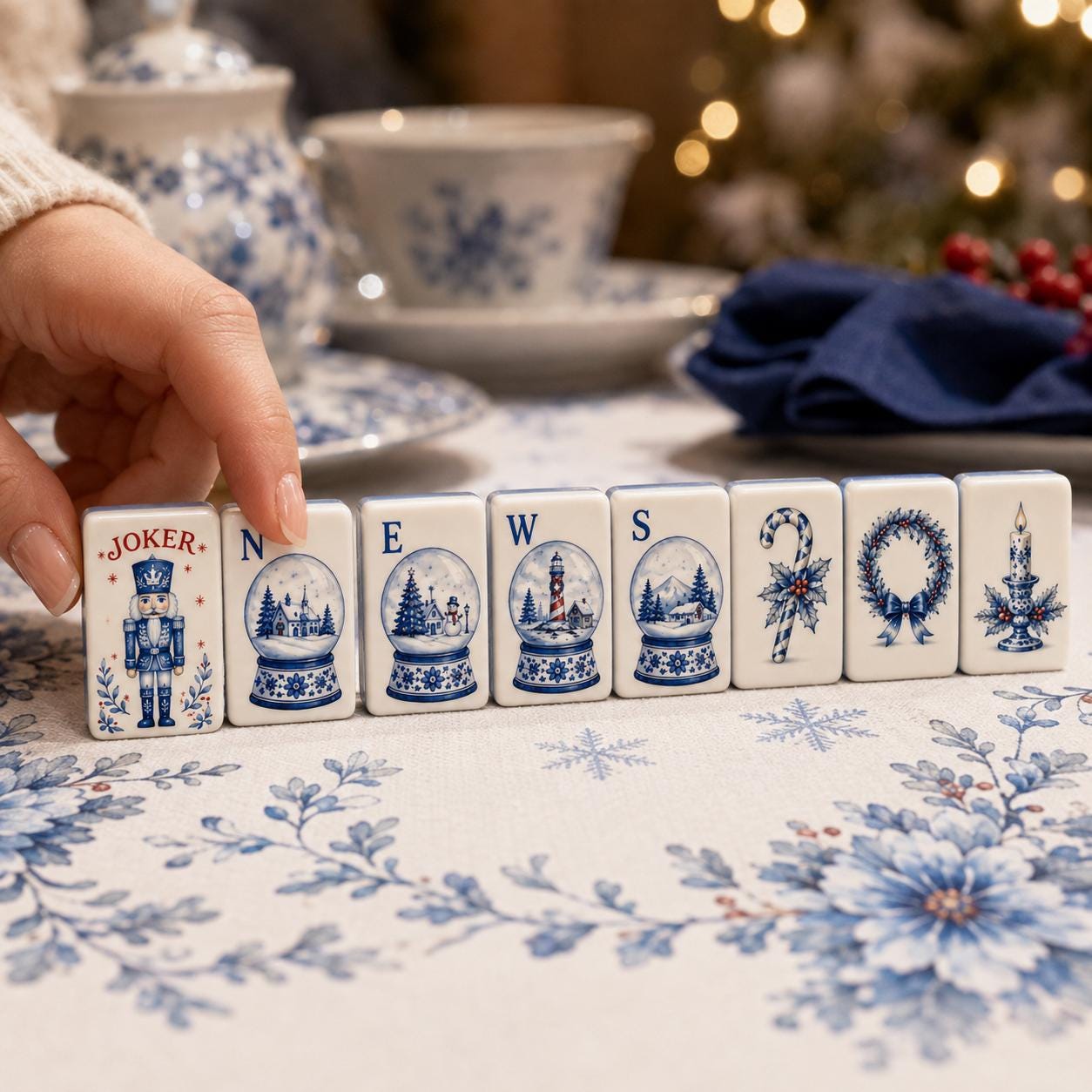 Blue White Christmas American Mahjong Set, Porcelain Style Acrylic 160 Tile Set, Winter Wonderland Mahjong Gift for Play