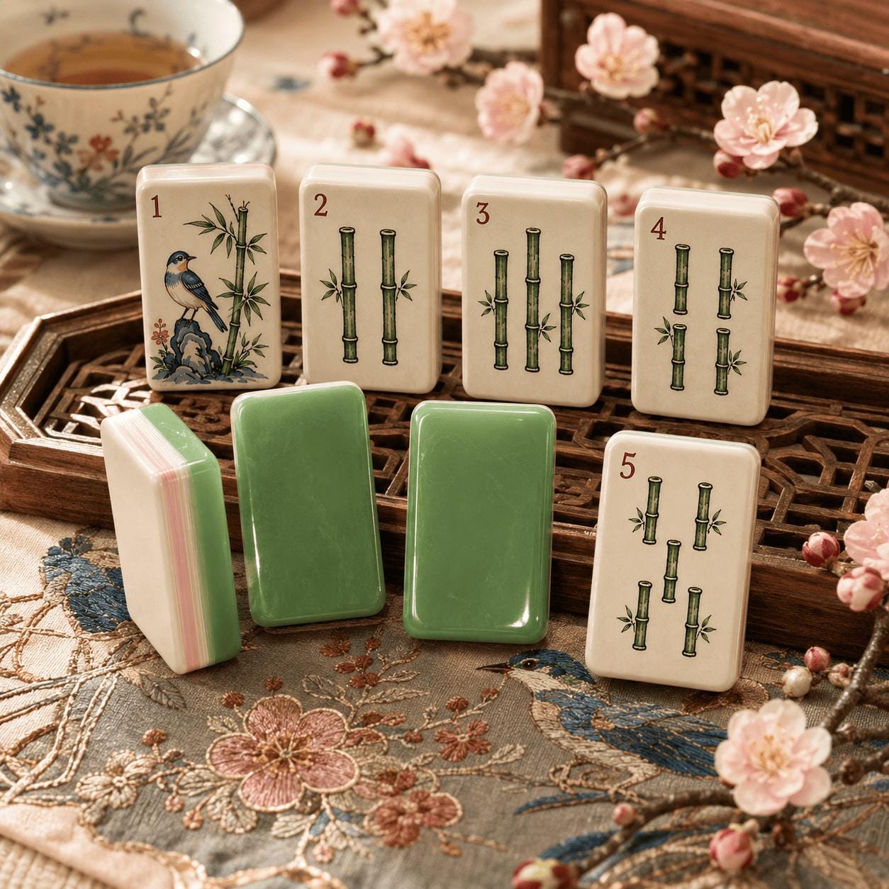 American Mahjong Set, 160 Acrylic Tiles, Retro Chinese Garden Art, Green Layered Edge, Mahjong Gift for Women and Game N
