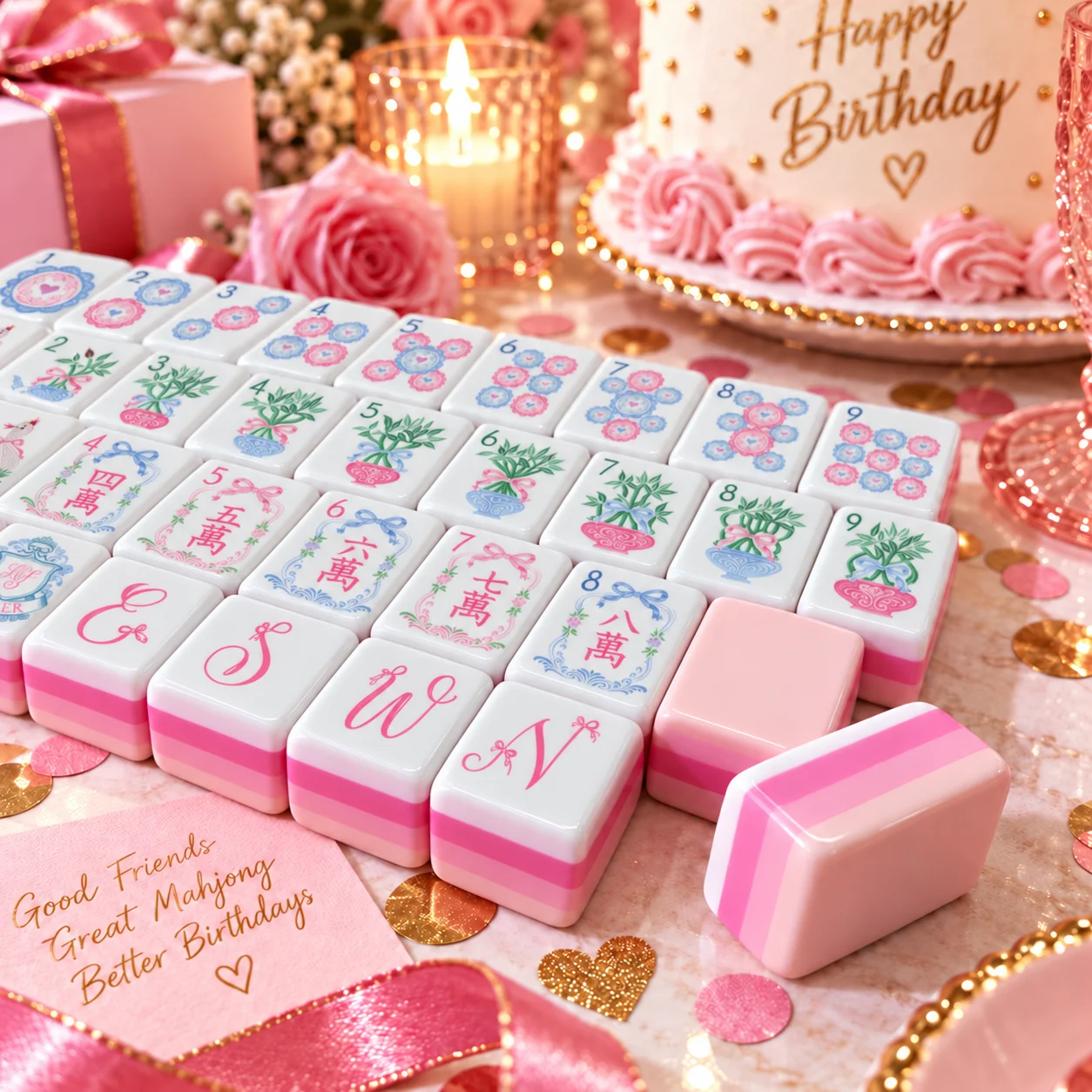 Sage pink bow and floral Mahjong tiles with pink script Winds and layered pink backs