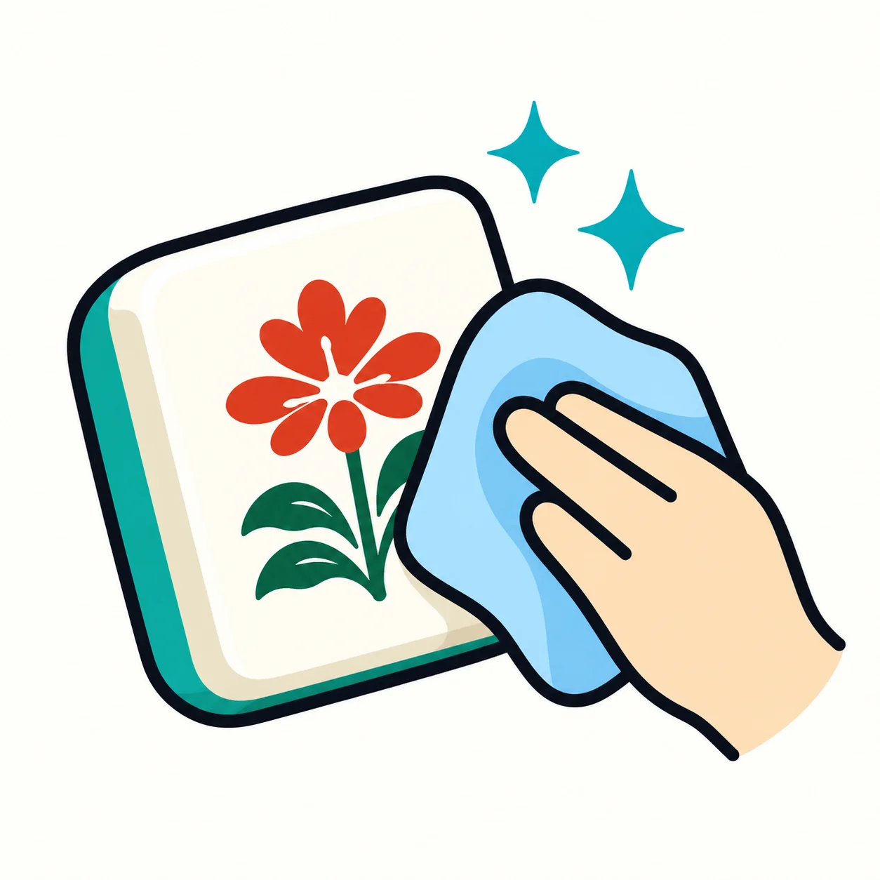 A soft cloth gently wiping a floral mahjong tile