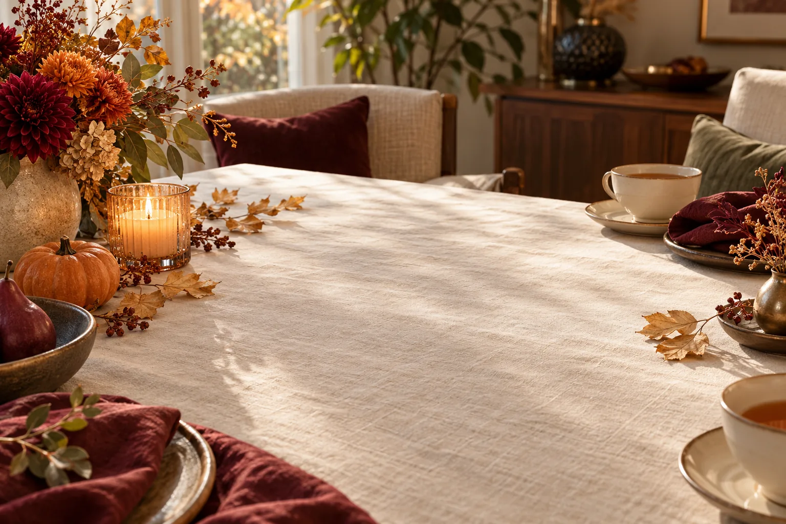 Autumn table setting with pumpkins, leaves and candlelight