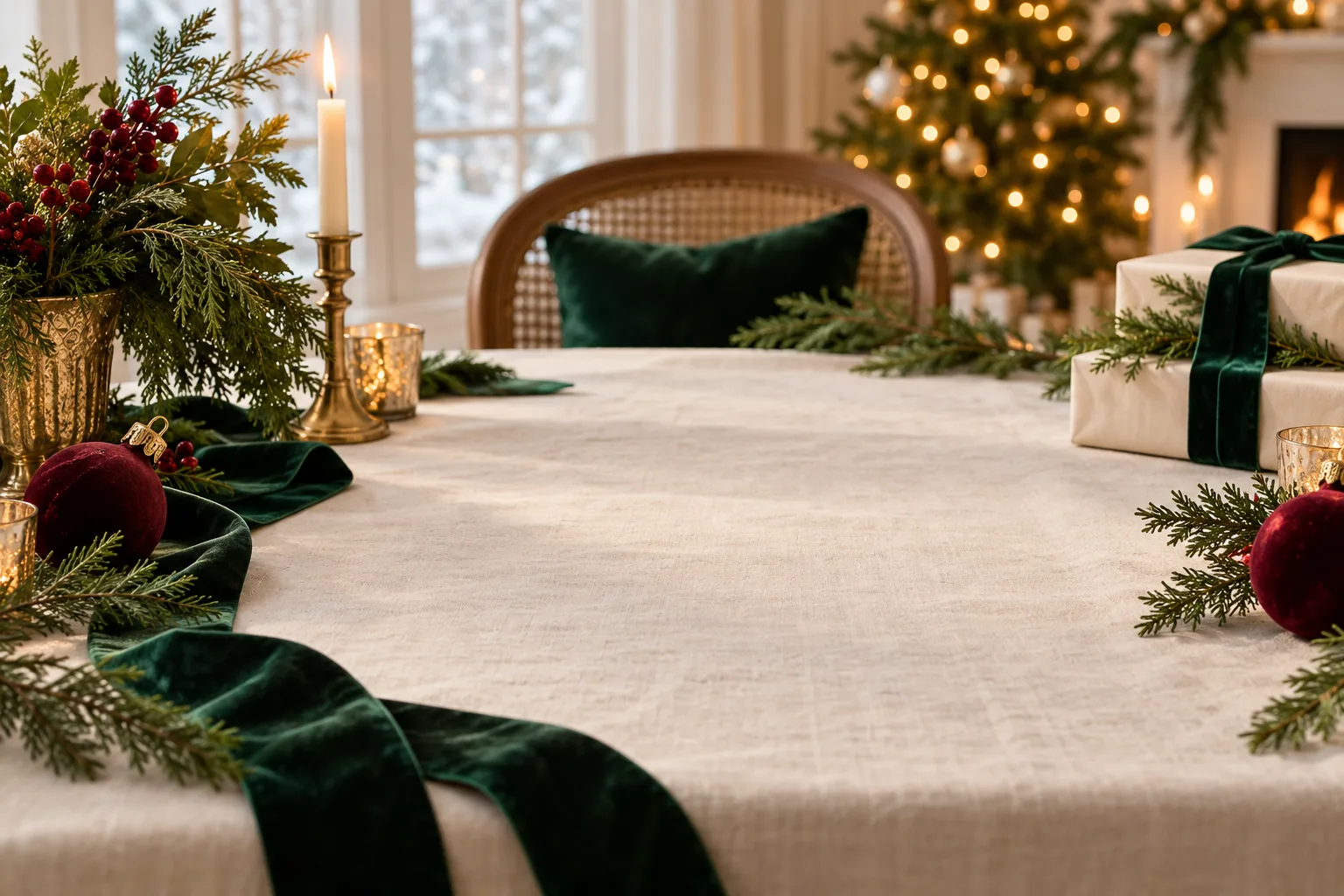 Festive table setting with evergreen, ornaments and wrapped gifts