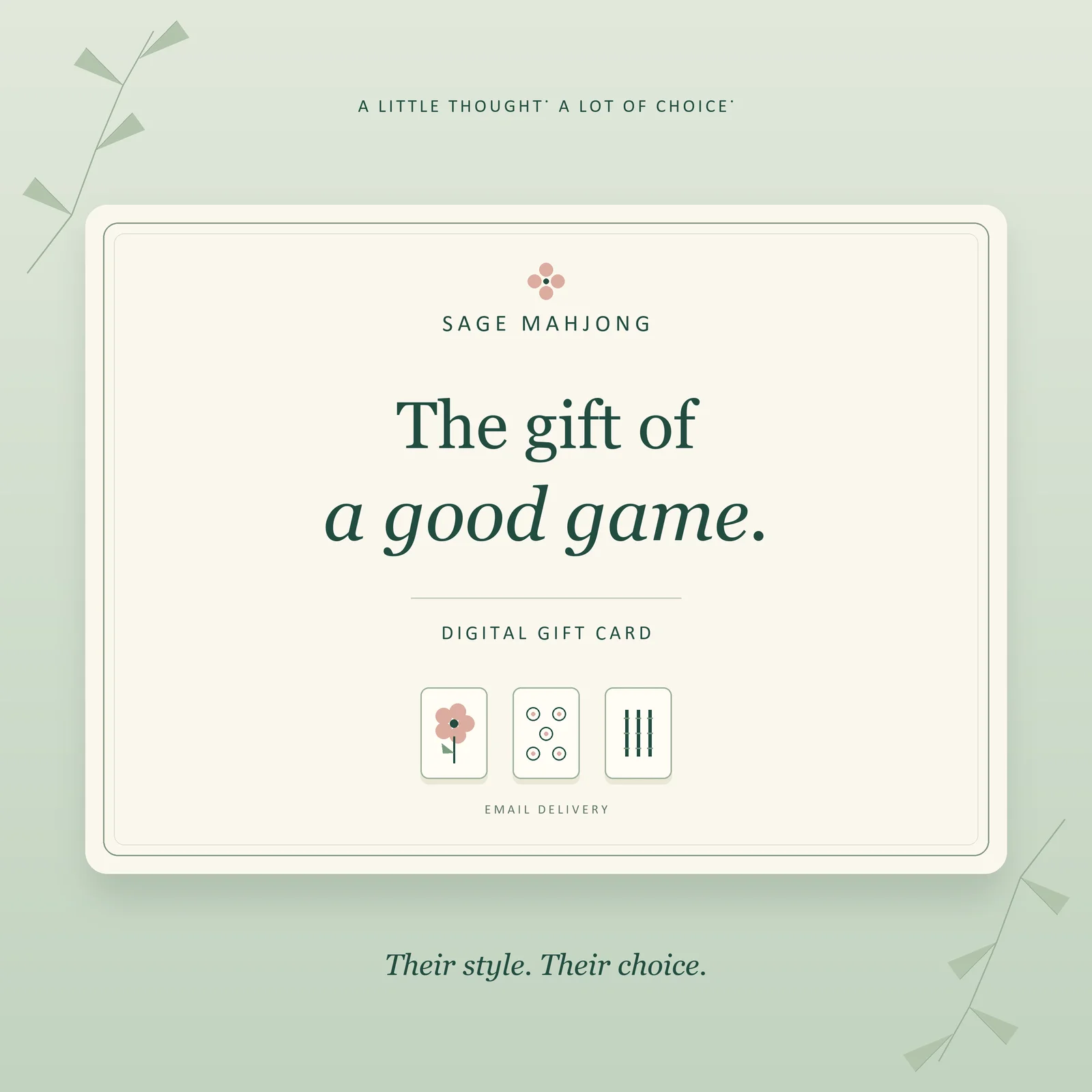Sage Mahjong digital gift card in sage green and ivory, with illustrated Mahjong tiles and the words The gift of a good game.